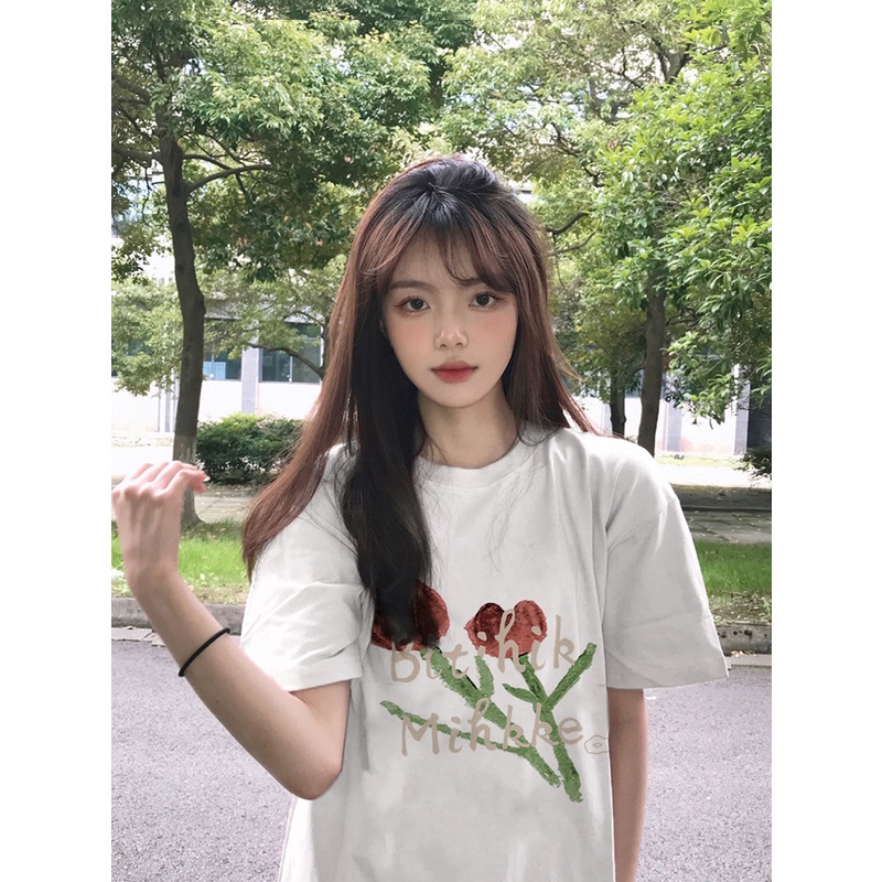 baju atasan wanita lengan pendek rose motif printed t-shirt import kaos puith oversize kaos korea