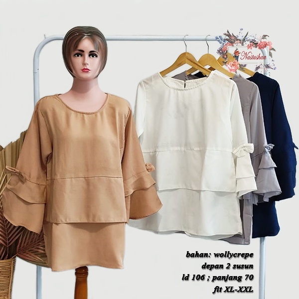 Baju Atasan Wanita Lengan Panjang Model Lonceng Tumpuk Pita Blouse Wanita Wollycrepe Polos Kancing Belakang 1 Top Cewek Layer Depan 2 Susun Kekinian