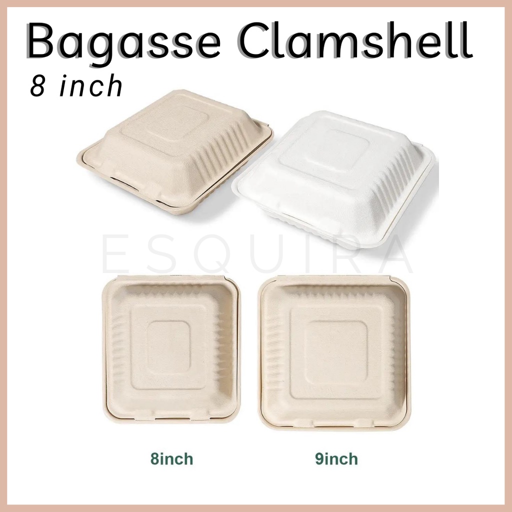 Bagasse Clamshell 8 Inch / Lunch Box /  Packaging makanan Serat Tebu / 10 Pcs / B021,B021-B