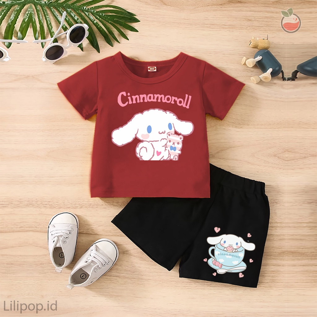 Baju Anak Stelan Kaos 3/4  CINNAMOROLL Cowok Cewek  Usia 1 - 4 Tahun Celana Pendek Harian