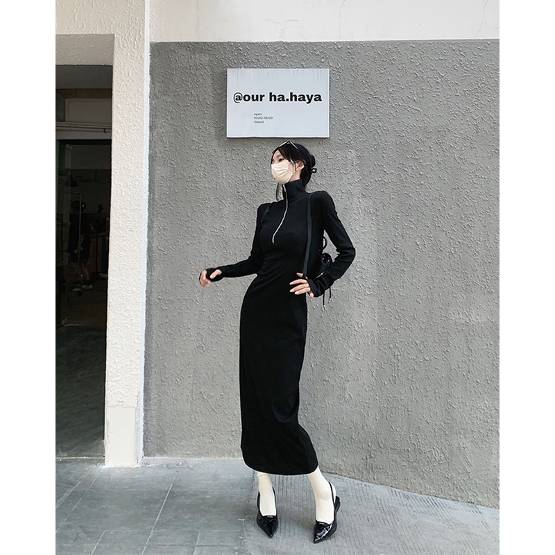 Red kumikumi black slim half zipper knitted dress women s awal musim semi waist bottoming skirt slit long skirt