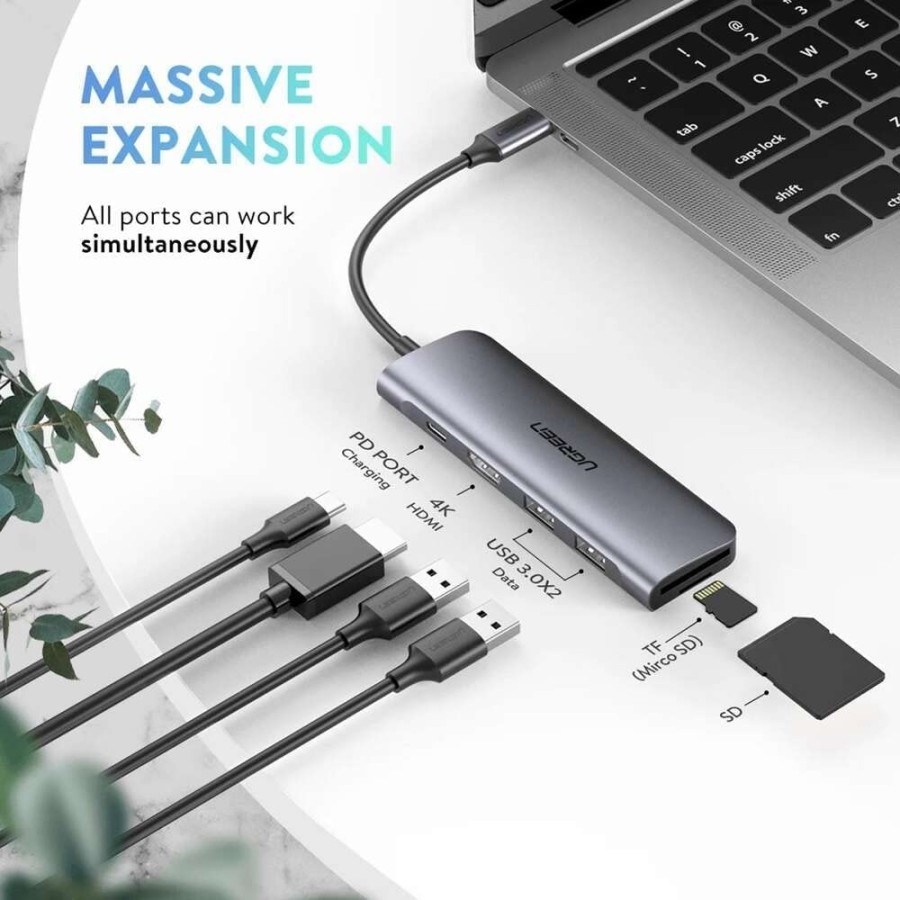 USB Hub 6in1 UGreen USB-C to USB 3.0x2+HDMI+USB-C PD+SD+TF (70411)