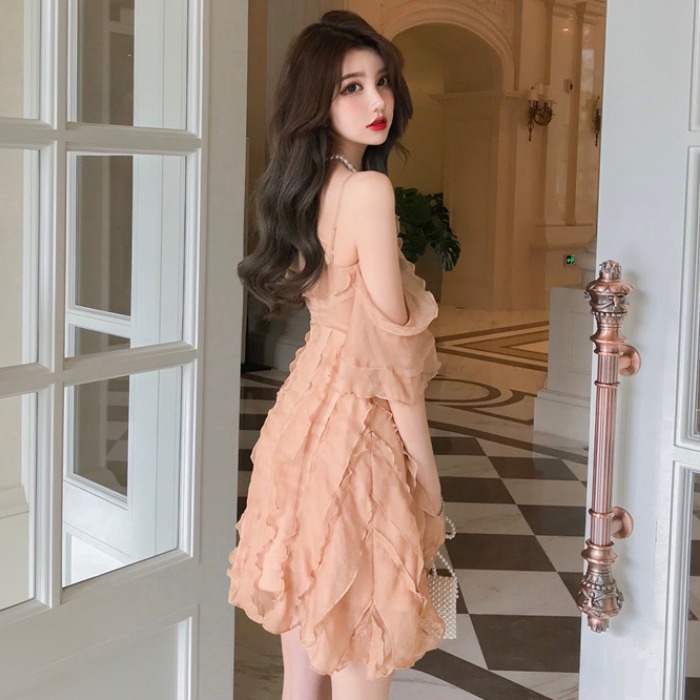 Red Temperamen busana musim panas wanita rok suspender seksi A-line rok warna solid telinga kayu gaun pinggang tinggi rok pendek trendi