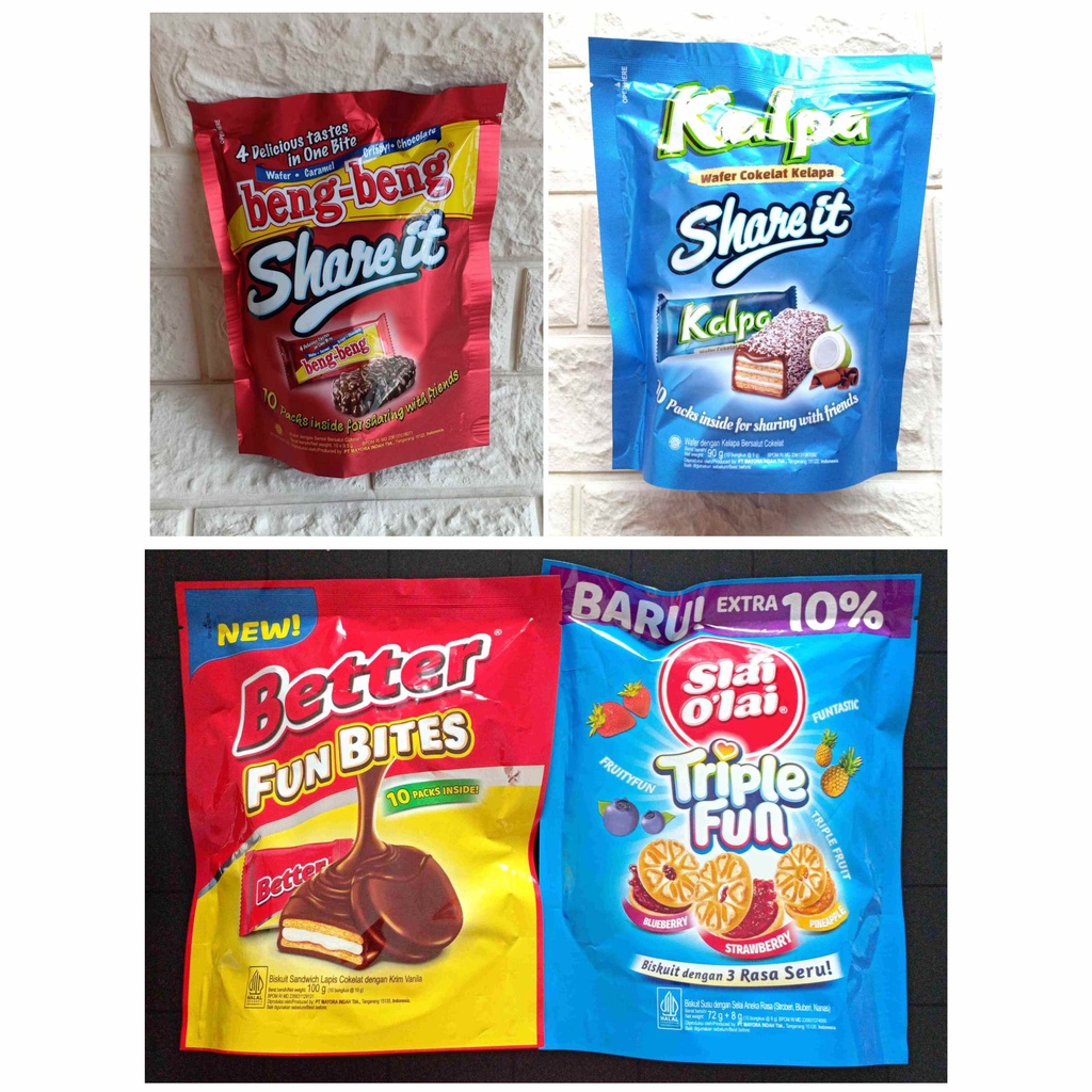 Mayora Share it isi 10 Beng Beng BengBeng Kalpa Better Slai Olai Triple Fun Bites Biskuit Wafer Caramel Crispy Chocolate Coklat Cokelat Kelapa Cemilan Snack