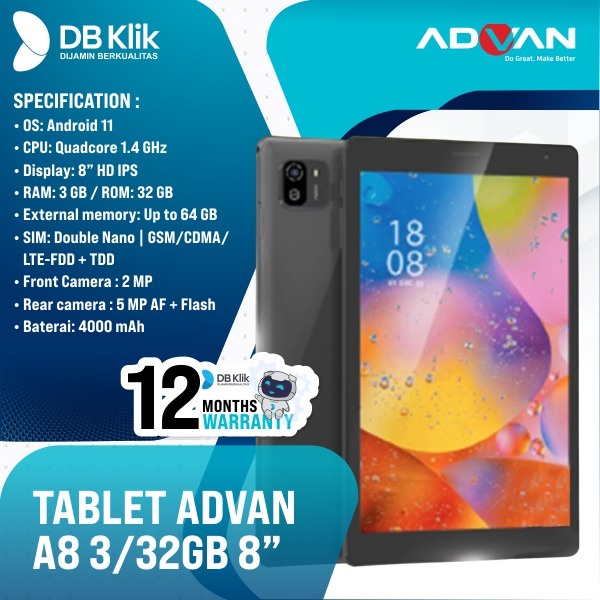 Tablet Advan A8 3/32GB 8 Inch Quadcore Tablet Android 11 Garansi Resmi