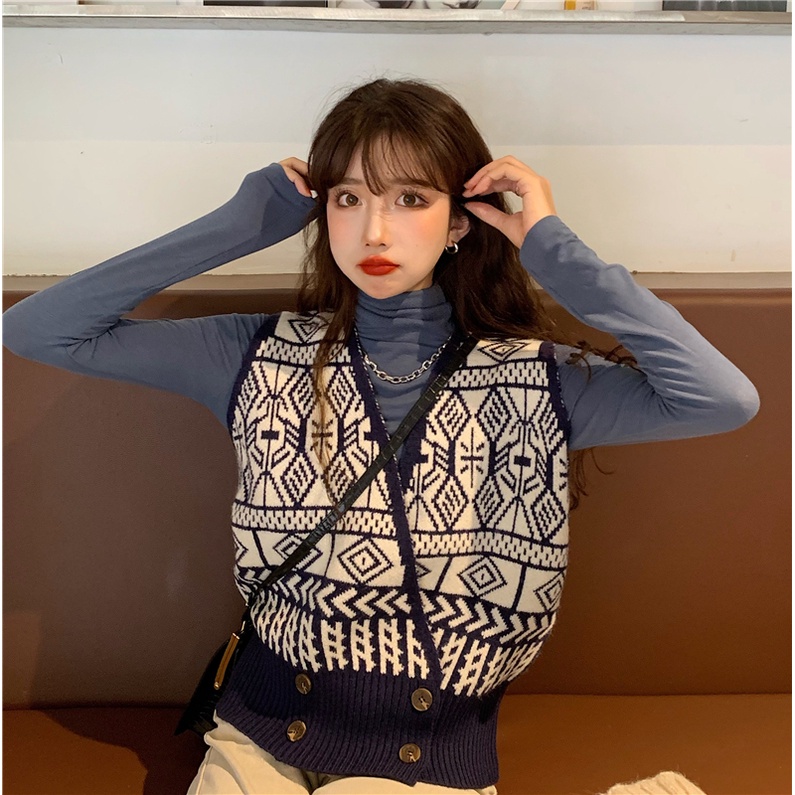 EUNII Rompi Rajut Wanita Retro V-Neck Crop Top Lengan Sweater Korean Style