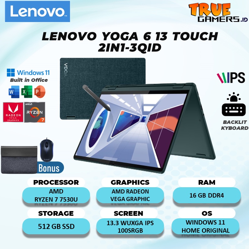 Laptop Lenovo Yoga 6 13 2in1 Amd Ryzen 7 7530U RAM 16GB 512SSD VEGA7 13.3 WUXGA IPS 100SRGB PEN