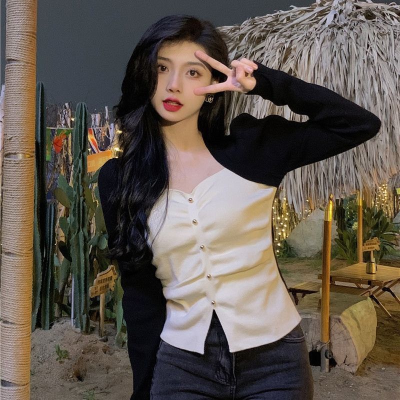 Red Threaded T-shirt wanita musim semi gaya luar negeri tipis gaya Korea splicing desain chic chic kecil top all-match tren baru