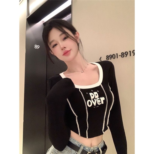 Red Hitam Spice Girl Tulang Ikan Lengan Panjang T-shirt Wanita Musim Gugur Desain Pinggang Tinggi Rasa Niche Jahitan Pendek Irregular top