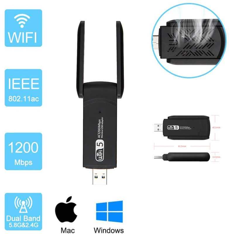 USB WiFi Transmitter Receiver Dongle Adaptor 802.11ac 1200Mbps - AC1200 - Black