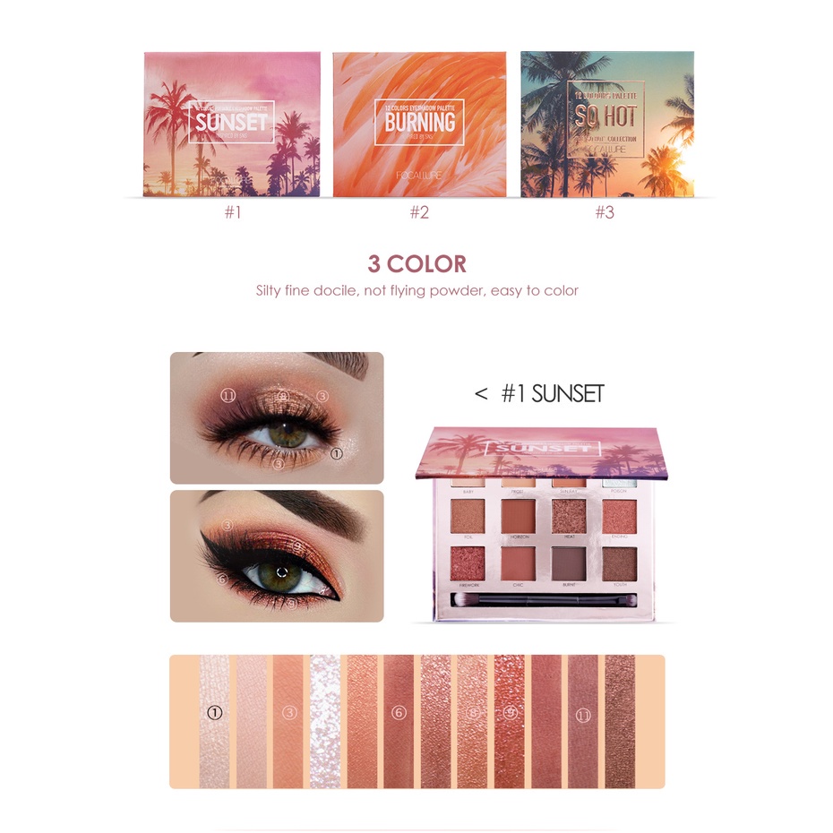 NIK - Focallure 12 Colors Eyeshadow Sunset Burning So Hot Palette With Brush FA50 BPOM ORIGINAL