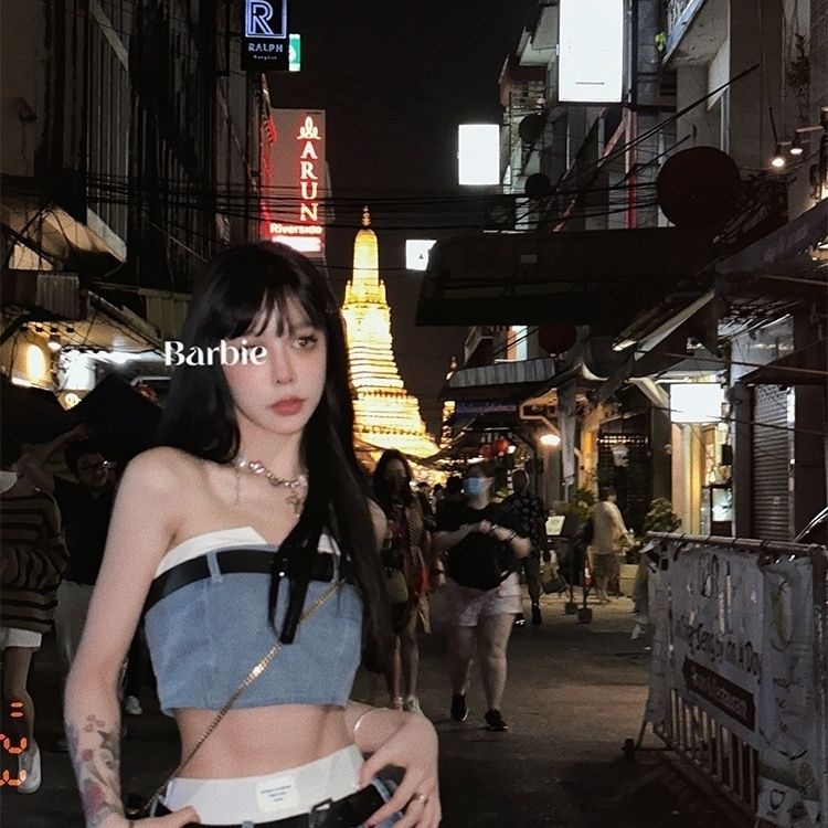 Red Bibi Barbie rok denim hot girl setelan wanita goreng jalan musim semi memakai baru tabung top rompi lipit rok rok