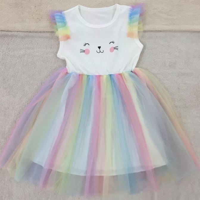 Dress import anak putih rainbow tutu 5-10y kucing gaun casual lucu