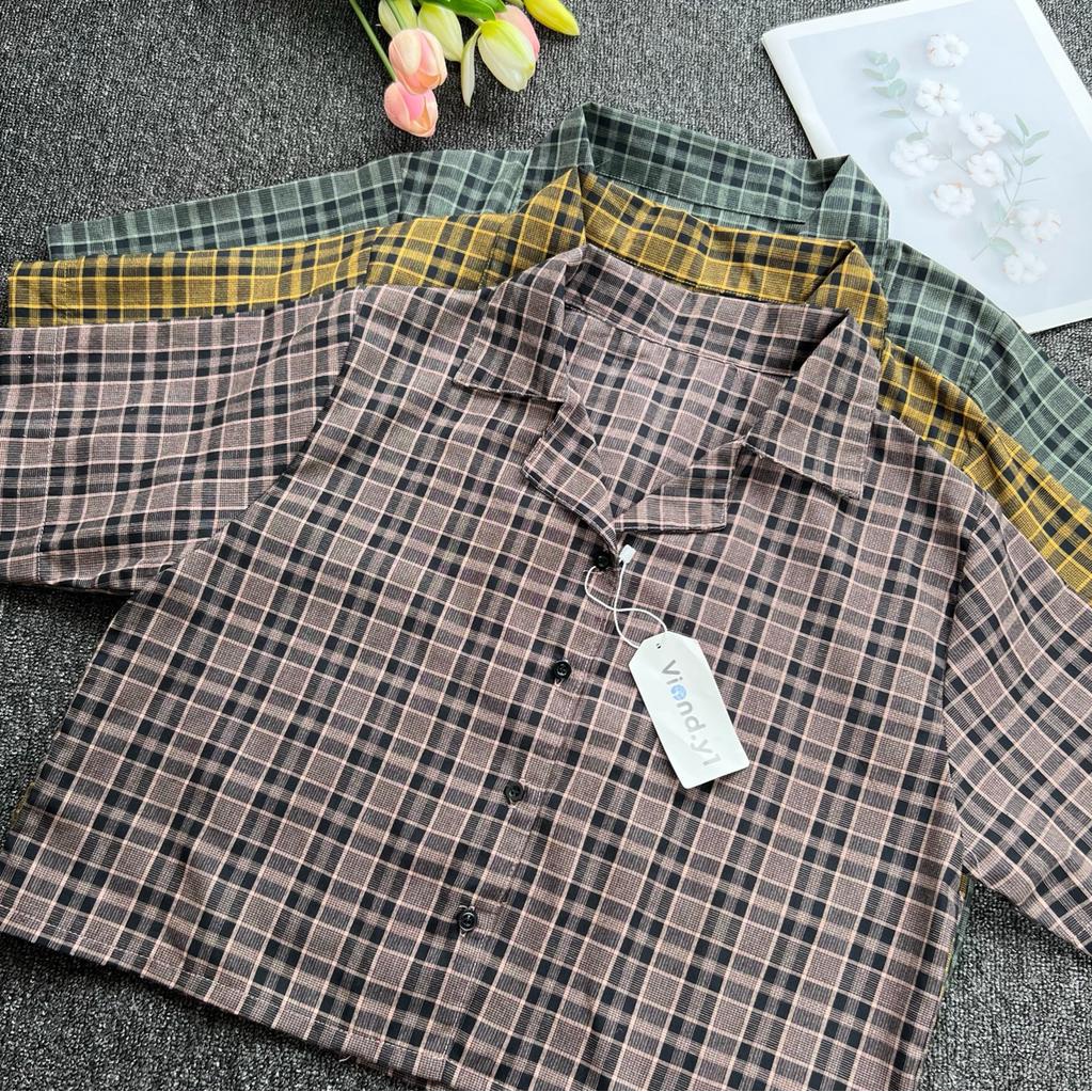 Blouse Kotak Wanita Korea Terbaru / Atasan Cewek Crop Flanel / Kemeja Lengan Pendek 142