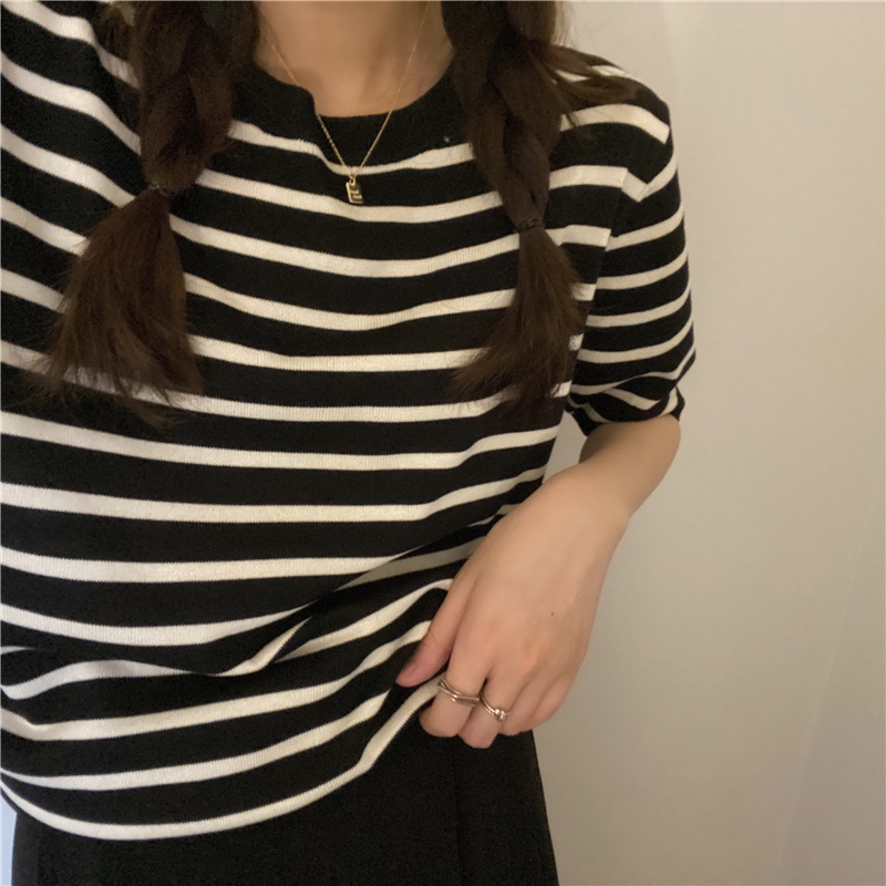 Korean Style rajut lengan pendek wanita retro kasual Knit stripe T-shirt