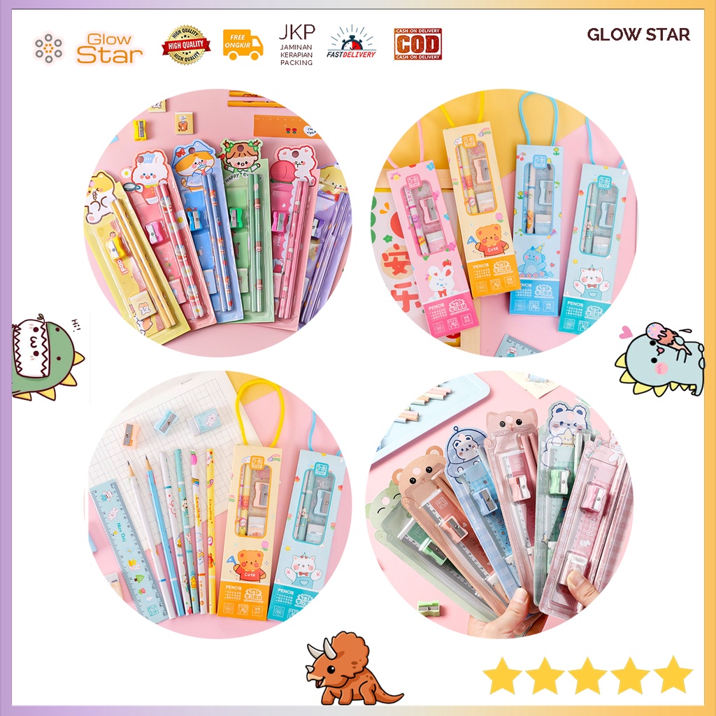 Peralatan Set alat tulis pensil perlengkapan menulis penggaris rautan penghapus garisan 1 pak pink hijau orange hamster cat cute lucu