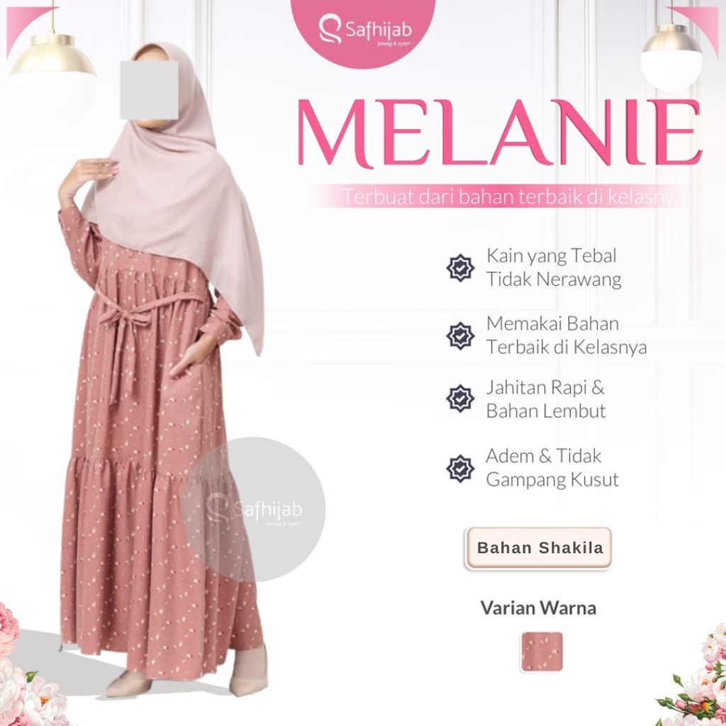 Dress Wanita Muslim Melanie Safhijab Gamis Panjang Pakaian Atasan Warna Pink Motif Garis Sabuk Belt 