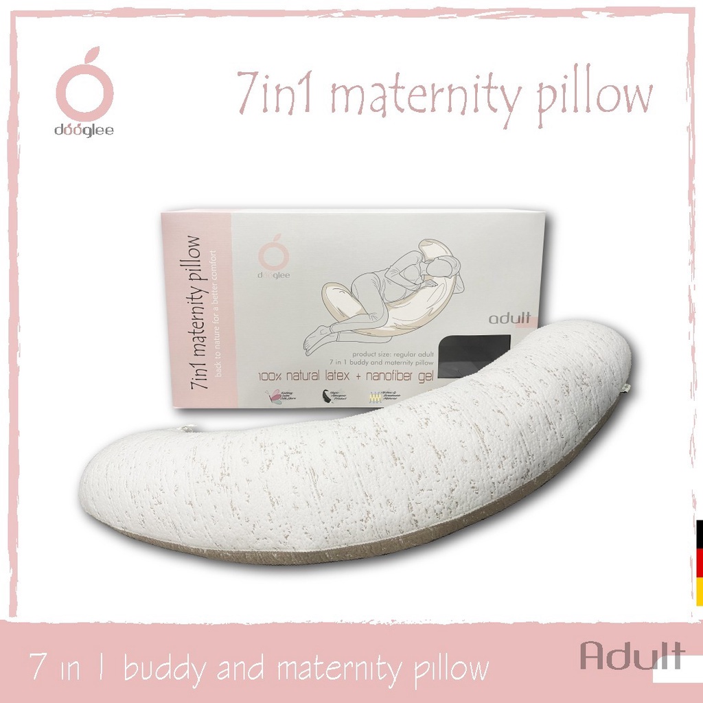 Dooglee 7in1 Maternity Pillow memiliki ukuran panjang bantal 150cm. Bantal seluruh tubuh memberikan kenyamanan sempurna untuk kepala, leher, bahu, lengan, lutut dan kaki anda. Menggunakan material 100% natural latex dan microfiber, bantal ini sangat Sempu