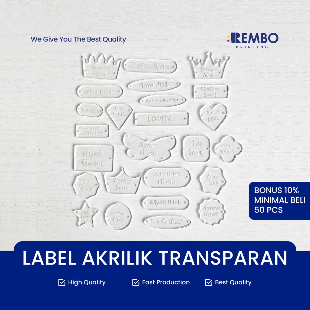 

Label Akrilik Transparan Rebranding Hijab Warna Bening Clear / Baju / Gamis / Label Baju Acrylic / Label Jilbab Transparan Bening