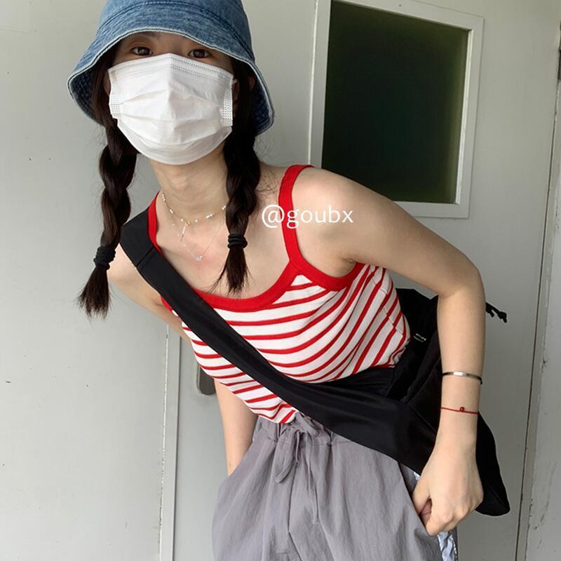 Red Rompi kecil bergaris ramping dengan tali gaun musim panas wanita desain rasa ceruk 2022 Versi Korea dari atasan tanpa lengan Prancis baru