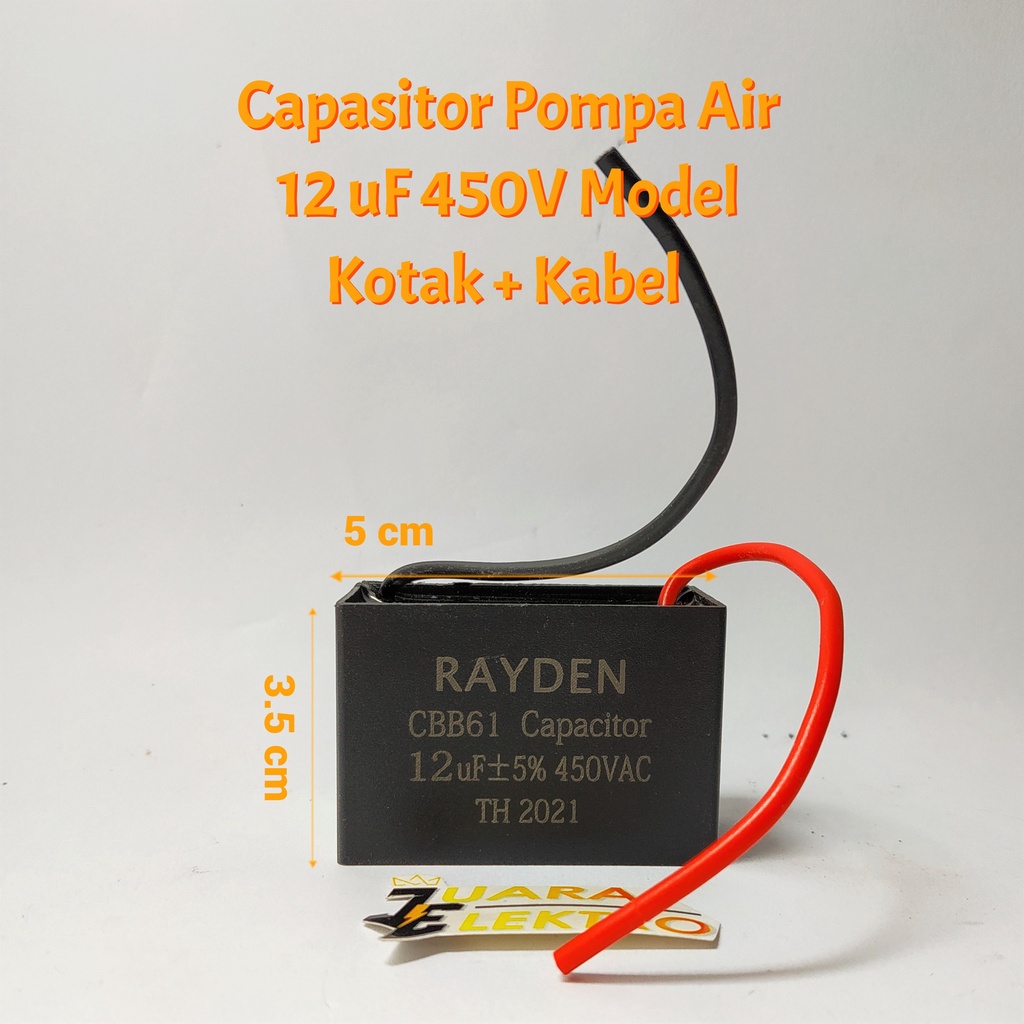 Capasitor Pompa Air 12uF/450V Model Kotak + Kabel | Kapasitor Pompa Air 12 uF / 450V RAYDEN