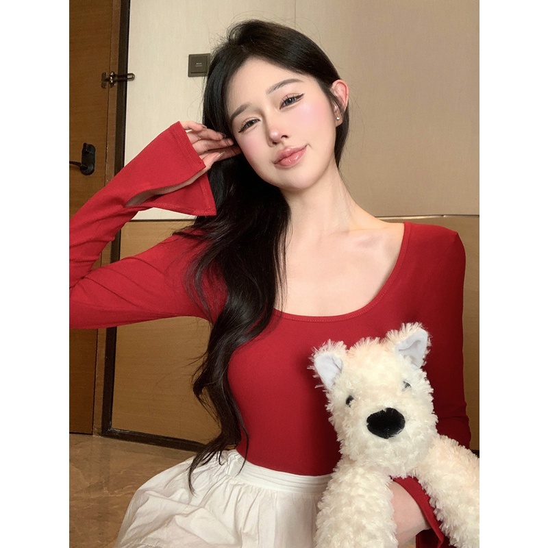 Red Murni Keinginan Besar Leher U Lengan Panjang T-shirt Wanita Musim Semi 2023 Seksi Ketat Elastis Dalam Kemeja Pendek putih Top