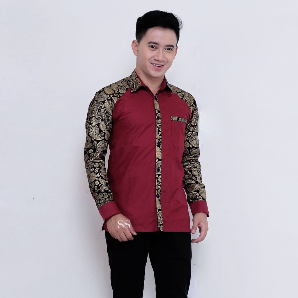 baju koko berkerah merah maroon lengan panjang atasan muslim pria batik veldanava pria dewasa ekalon