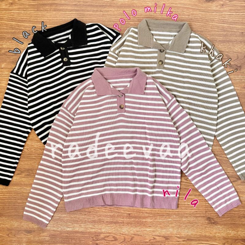 POLO KERAH MILKA STRIPE KNIT SWEATER ATASAN OVERSIZE RAJUT WANITA MOTIF GARIS