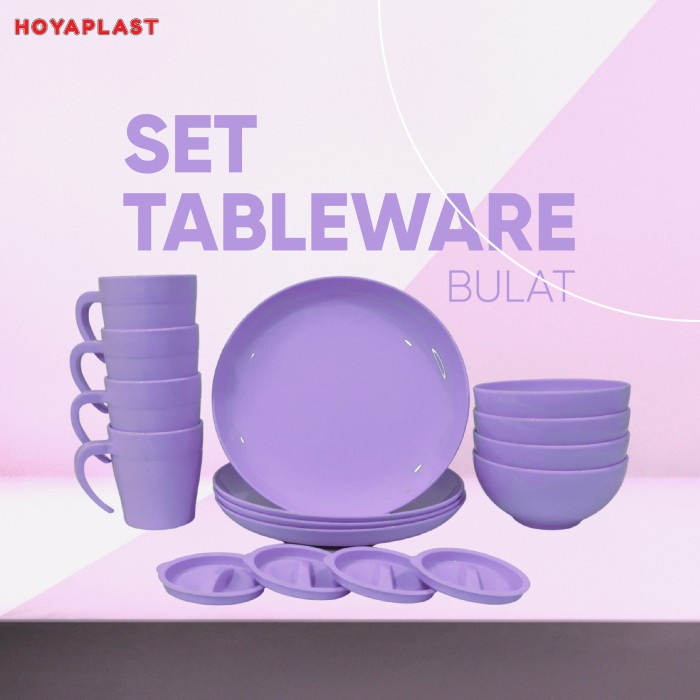 Terlaris Hoyaplast Set Tableware Bulat (4 Piring + 4 Mangkok + 4 Mug) - Ungu