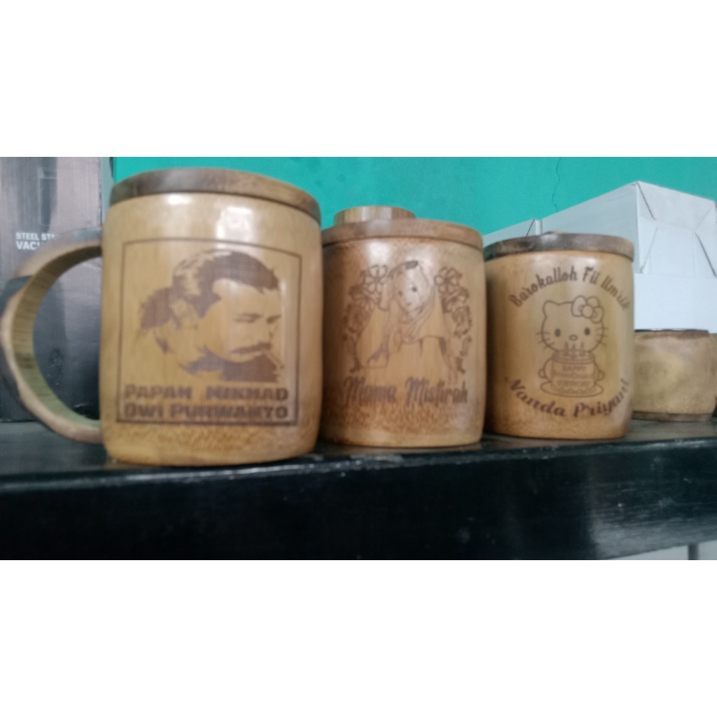 kerajinan gelas cangkir bambu tutup handcraft custom grafir