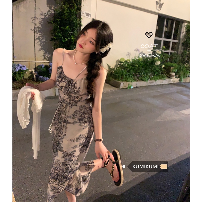 Red kumikumi keinginan murni angin lukisan tinta suspender rok pinggang celah gaun wanita musim semi tabir surya cardigan dua potong set