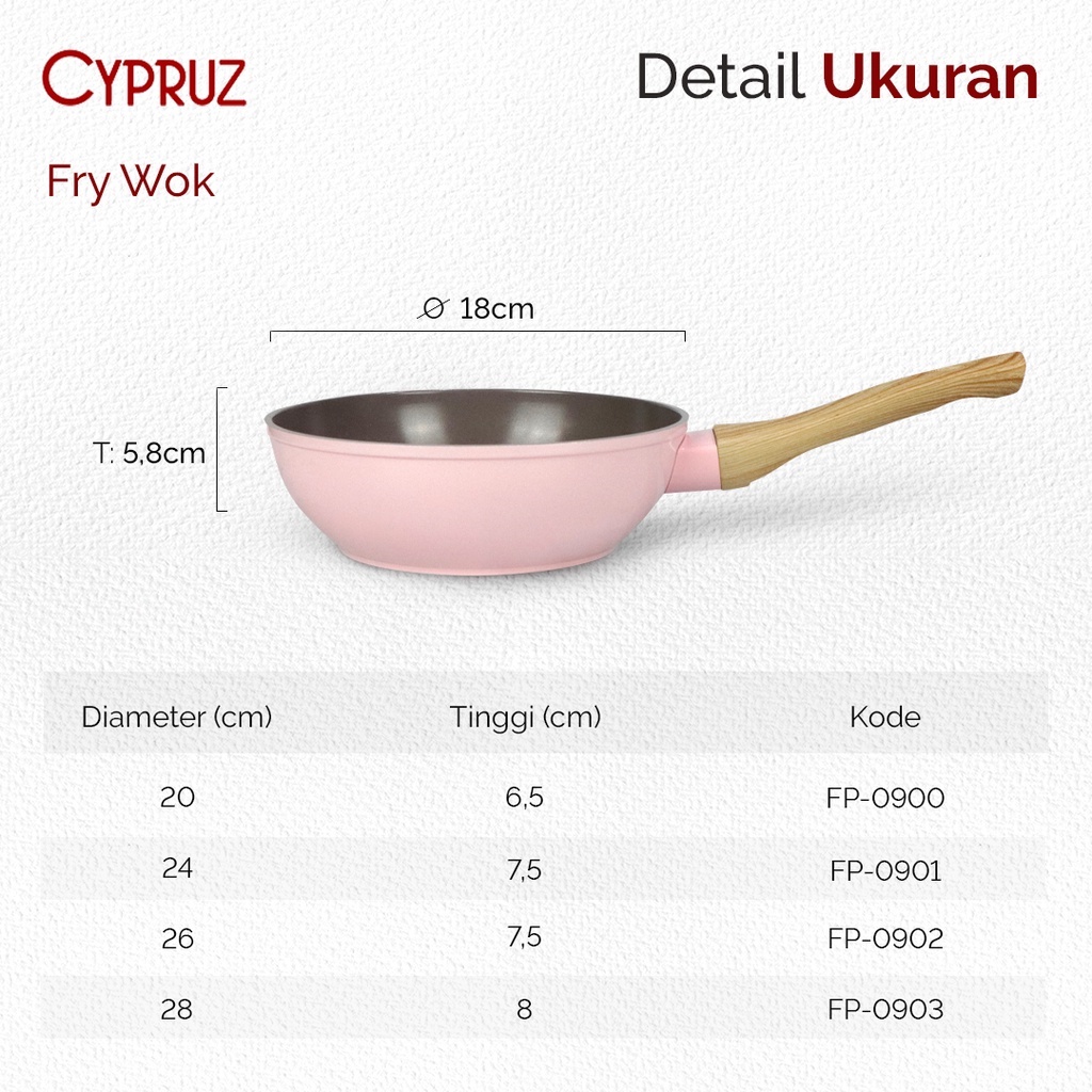 Cypruz Pink Ceramic Series Gagang Putih Kayu Fry Wok Pan