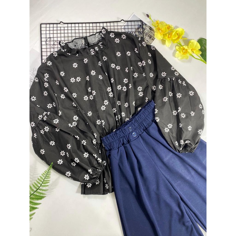 IL - SETELAN BYTHA MOTIF BUNGA TERBARU / ONE SET KULOT BUTTON 2 KANCING BAHAN CREPE PREMIUM-BYTHA HITAM+NAVY