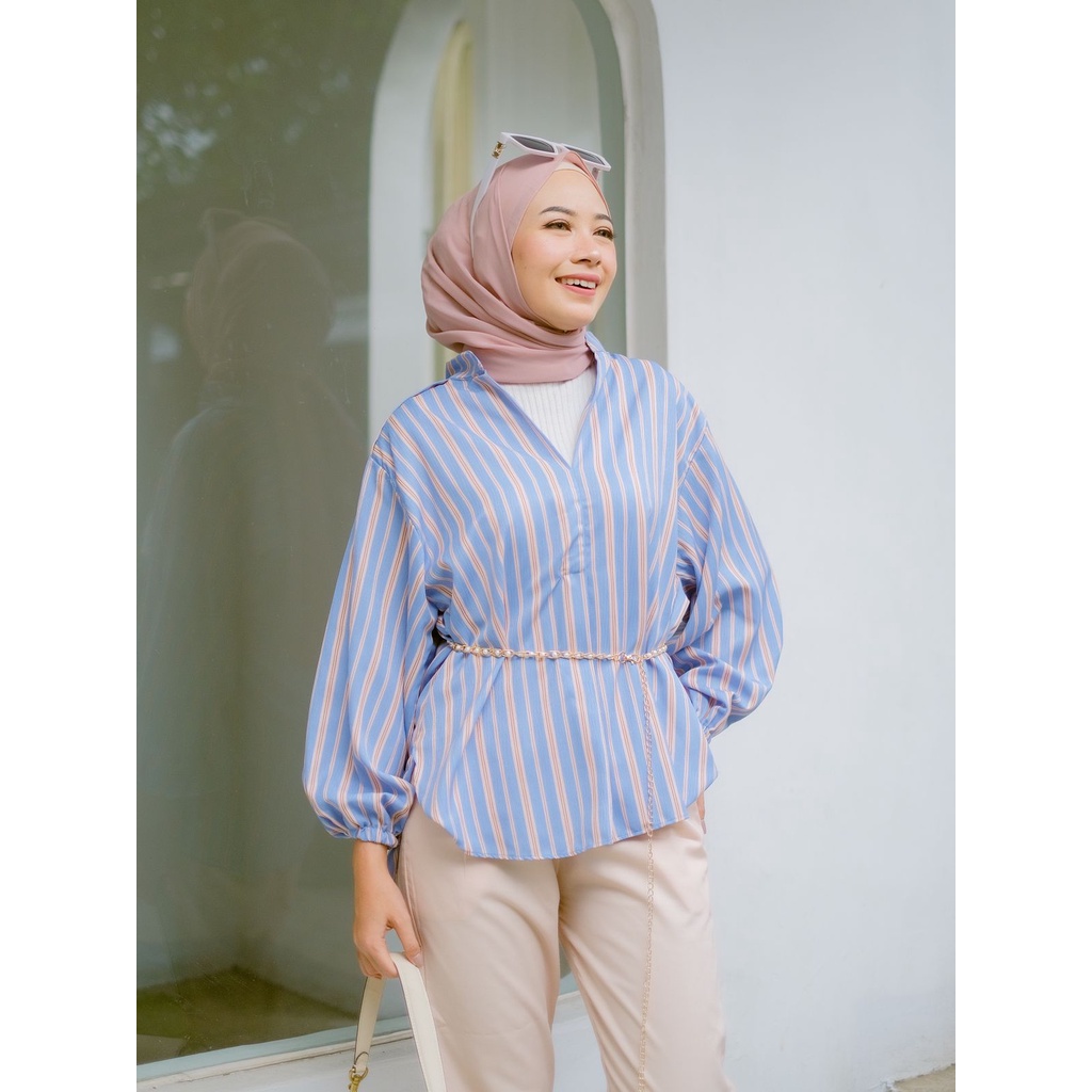 BLOUSE LENGAN BALON STRIPE BLOUSE SALUR WANITA BLOUSE GARIS WARNA SOFT TANGAN BALON