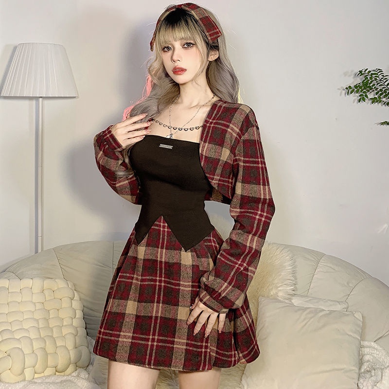Red Sisjune sweet hot girl plaid stitching slim waist tube top dress untuk wanita dengan slim lengan panjang blus