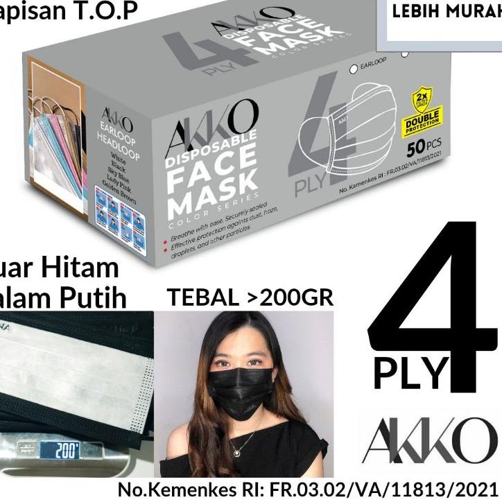 12.12 Promo Brand MASKER AKKO TEBAL 4PLY EARLOOP HITAM 4 LAPISAN LUAR HITAM DALAM PUTIH serbuuu 