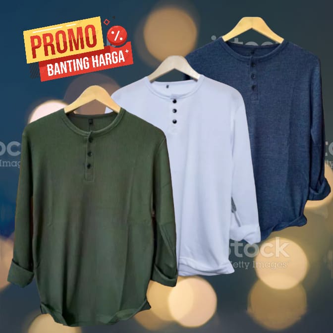 kaos polos distro kancing lengan panjang pria isi tiga pics