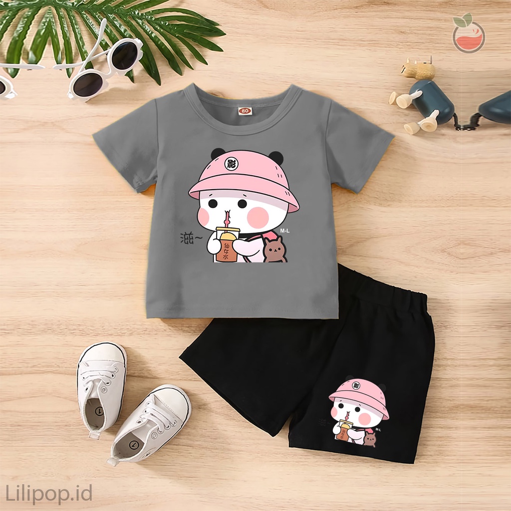 Baju Anak Stelan Kaos 3/4  BEAR ICE BOBA Cowok Cewek  Usia 1 - 4 Tahun Celana Pendek Harian