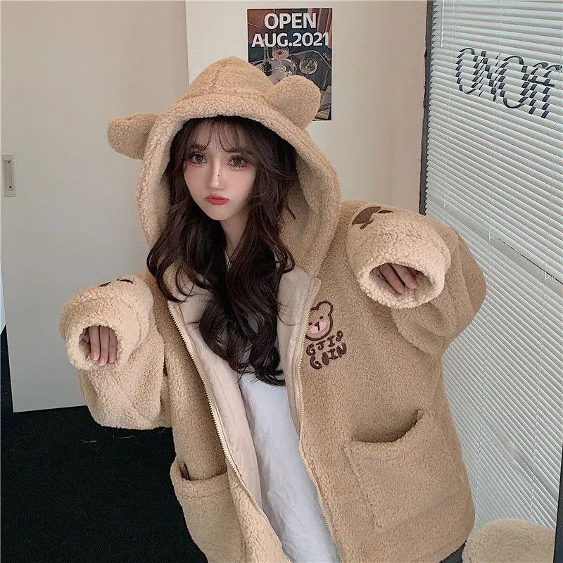 Jaket Sherpa Hoodie Bulu Wanita Cute Girls / Jaket Crop Sherpa Wanita Gaya Korea / Sherpa Jacket Hoodie Bulu Domba Angsa terbaru 2023