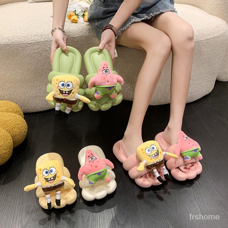 Sandal wanita SpongeBob SquarePants sandal dasar datar yang lucu sandal bawah yang lembut sandal jep