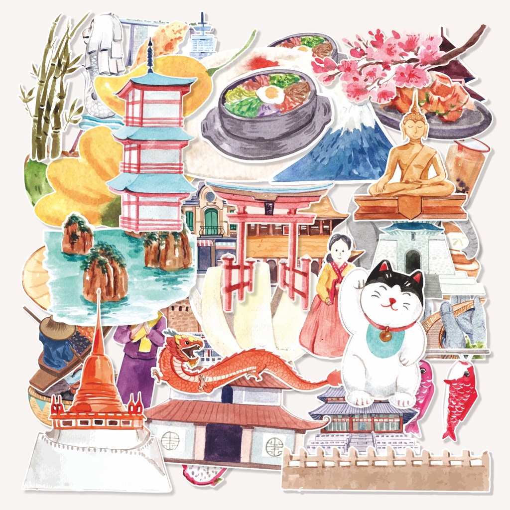 

( 20 pcs )cetak stiker satuan murah tema ASIAN TRAVEL/bisa utting/bisa pilih bahan