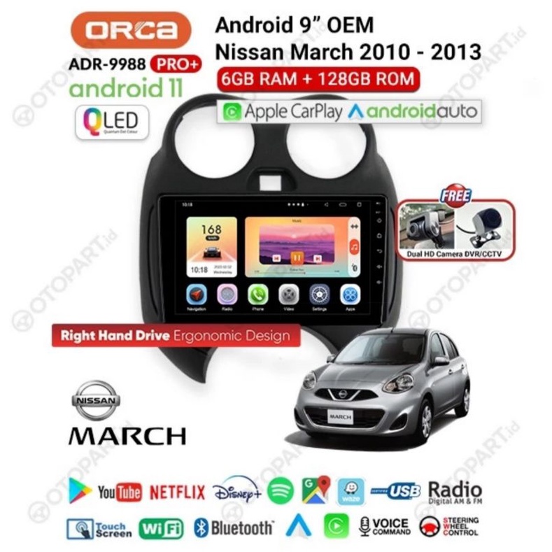 Head Unit Android ORCA PRO+ CARPLAY NISSAN MARCH Ram 6GB Rom 128GB ORCA ADR 9988 PRO PLUS CARPLAY