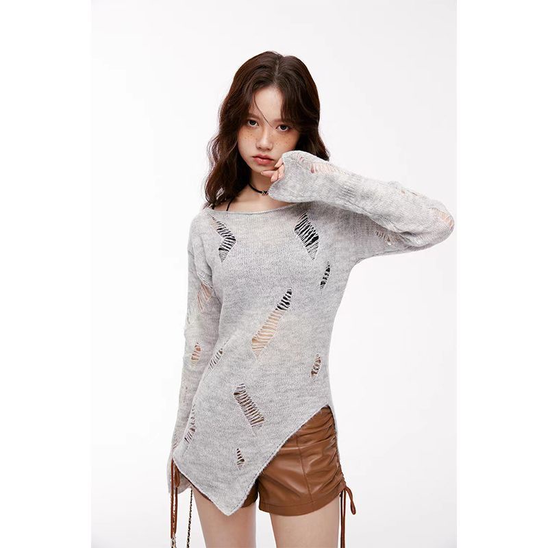 Red Blus tabir surya gaya Hong Kong wanita musim gugur gaya malas sweater abu-abu berongga rasa desain ceruk atasan sweater rajutan