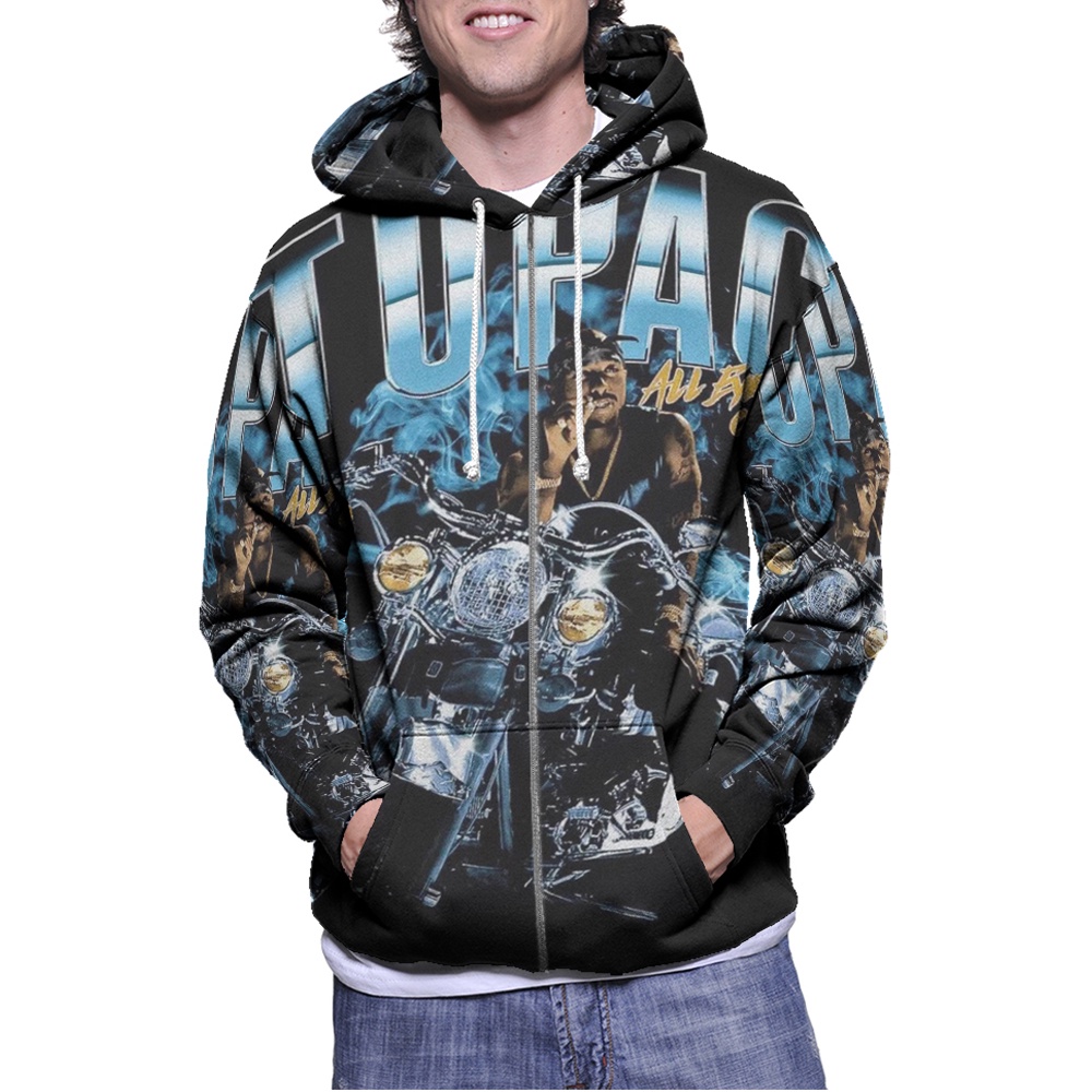 Jaket Hoodie Tupac All Eyez On Me 2Pac Shakur Hoodie Ritsleting Fullprint Bahan Jersey Casual Unisex