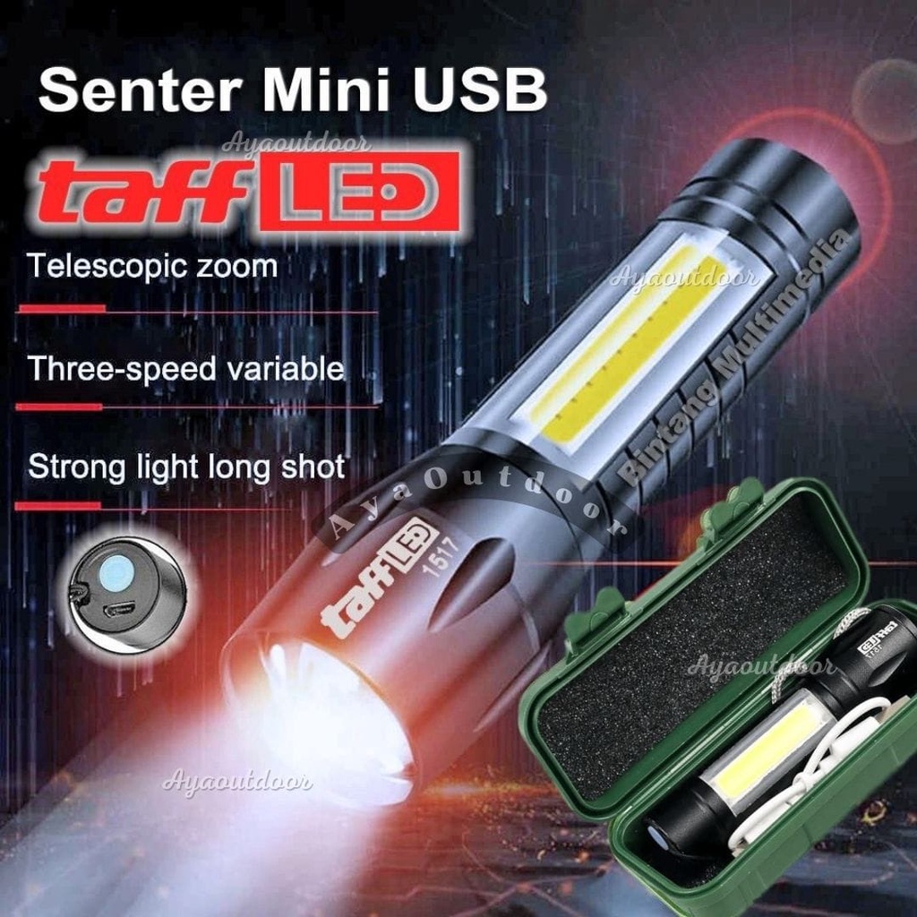 TaffLED Senter LED Q5 + COB USB RECHARGEABLE ZOOM LENTERA BISA DI CAS SENTER TANGAN HEADLAMP ORIGINA