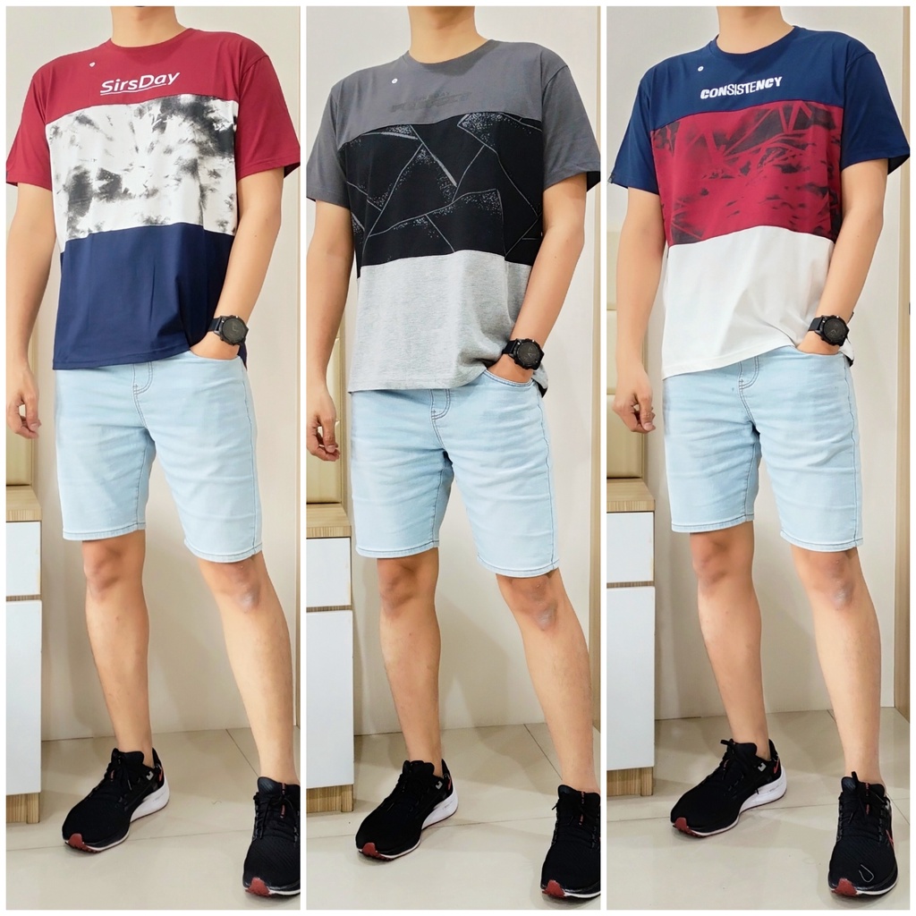 SIR SUNDAY 3 Tone Kaos Oblong Pria Cotton Combed Cowok Size L , XL