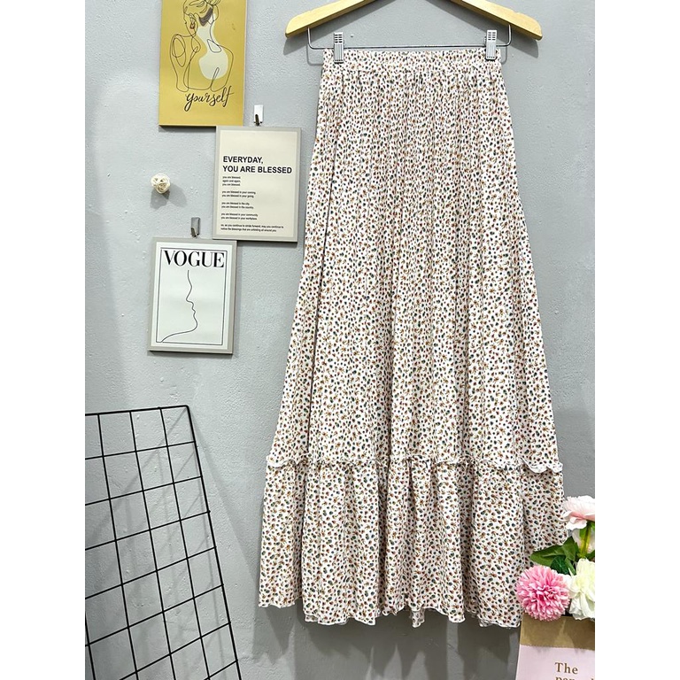 Cherry_ rok plisket rempel motif bunga kecil | pleated skirt korean style | rok panjang wanita