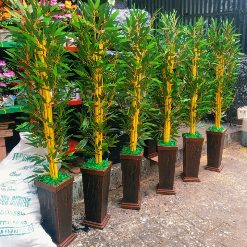 BUNGA PLASTIK BAMBU KUNING RIMBUN+POT BESERTA RUMPUT ISI 10 BATANG. BUNGA HIAS ARTIFICIAL DEKORASI S