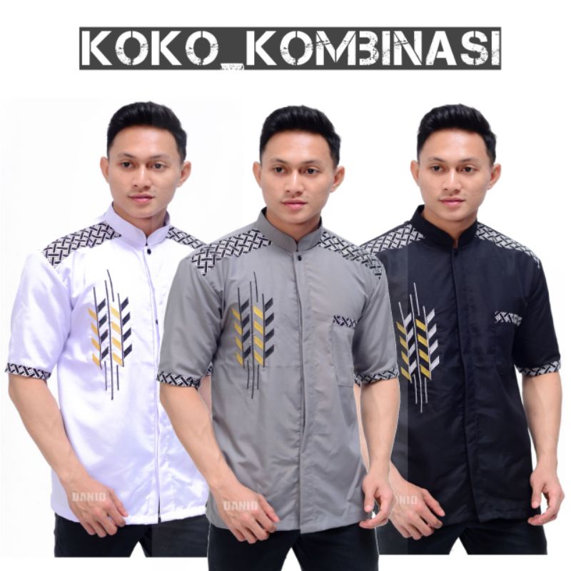 Koko Kombinasi Kain Motif Batik dan Bordir Motif Strip Lengan Pendek Pria Dewasa / Baju Busana Musli