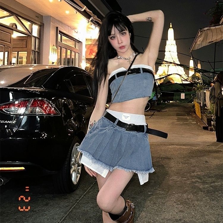 Red Bibi Barbie rok denim hot girl setelan wanita goreng jalan musim semi memakai baru tabung top rompi lipit rok rok